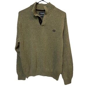 Chaps Knit Sweater Men's Large Sage Green Henley Elbow Patches Pullover